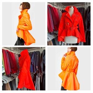 AKIRA Azalea Wang striking orange peplum high-low belted moto jacket
